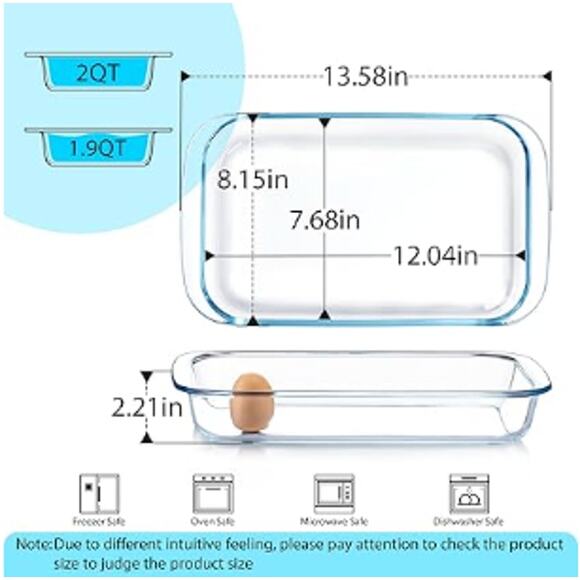 2 Quart Glass Baking Dish for Oven, Rectangular  Casserole Dish, Baking Pan - Picture 2 of 3